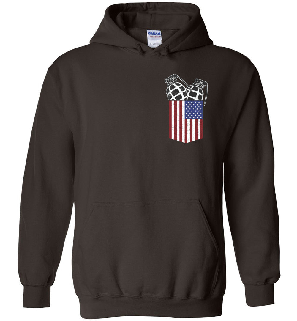 Pocket With Grenades Men's 2nd Amendment Hoodie - Dark Brown