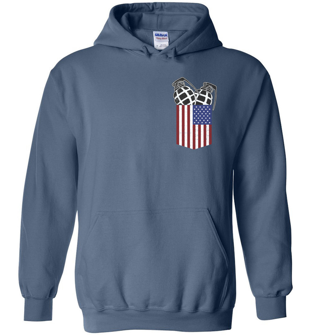Pocket With Grenades Men's 2nd Amendment Hoodie - Indigo Blue