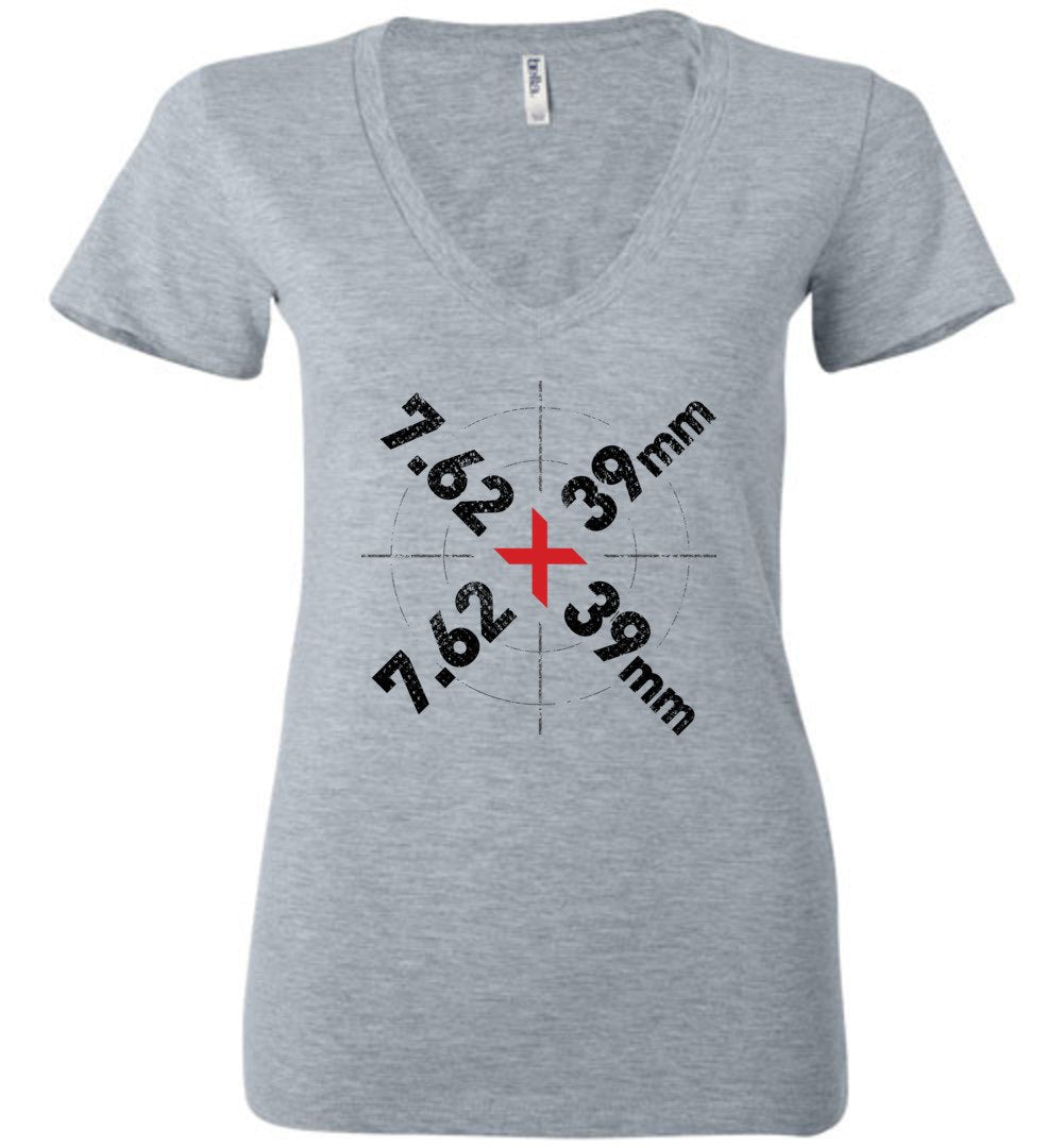 7.62 x 39mm Caliber Ammo AK-47 Tactical Gun Ladies V-Neck Tee - Athletic Heather
