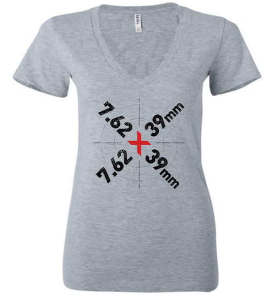 7.62 x 39mm Caliber Ammo AK-47 Tactical Gun Ladies V-Neck Tee - Athletic Heather
