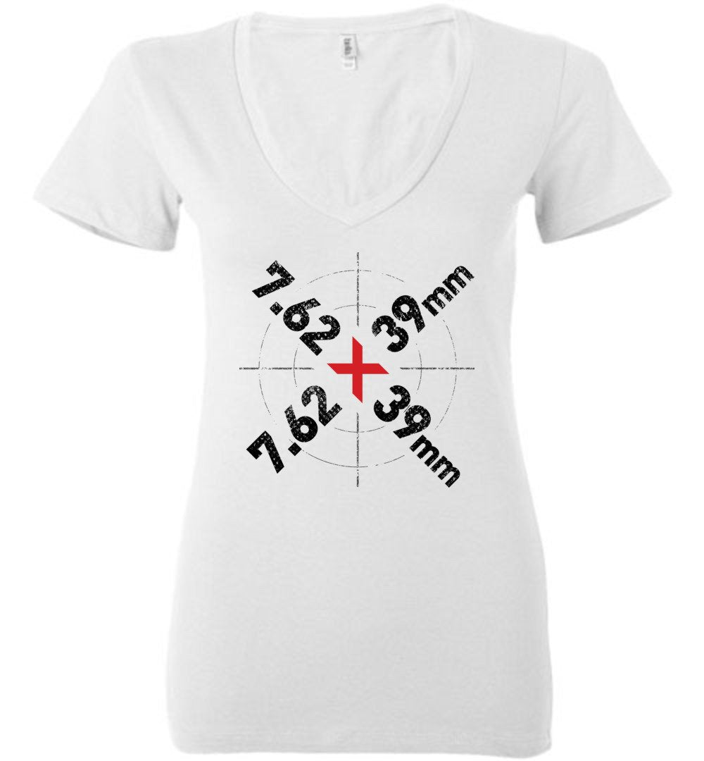 7.62 x 39mm Caliber Ammo AK-47 Tactical Gun Ladies V-Neck Tee - White