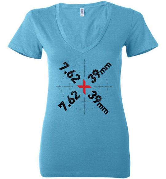 7.62 x 39mm Caliber Ammo AK-47 Tactical Gun Ladies V-Neck Tee - Turquoise