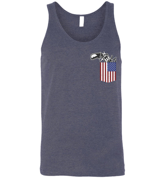 Gun in the Pocket, USA Flag-2nd Amendment Men's Tank Top-Heather Navy