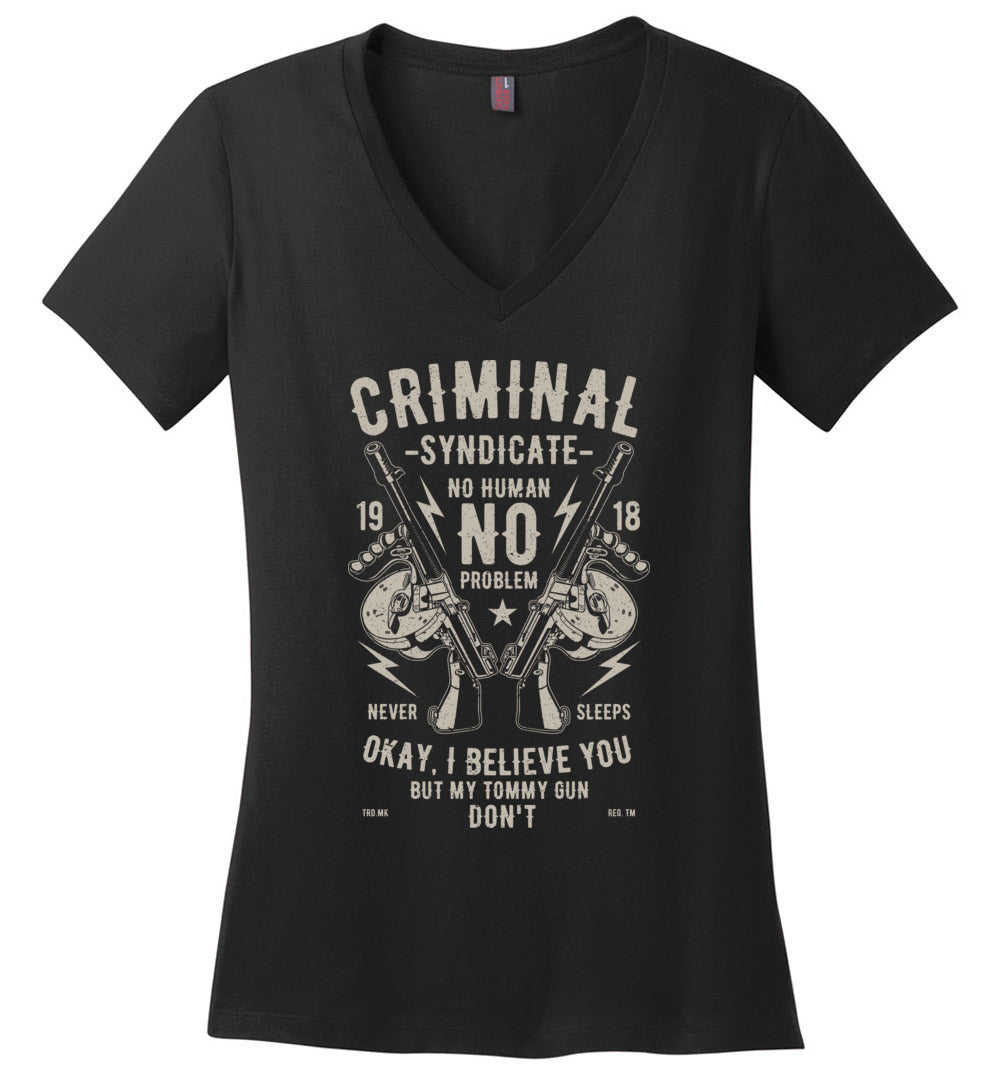 Thompson Submachine Gun Women's Pro Gun V-Neck Tee - Black