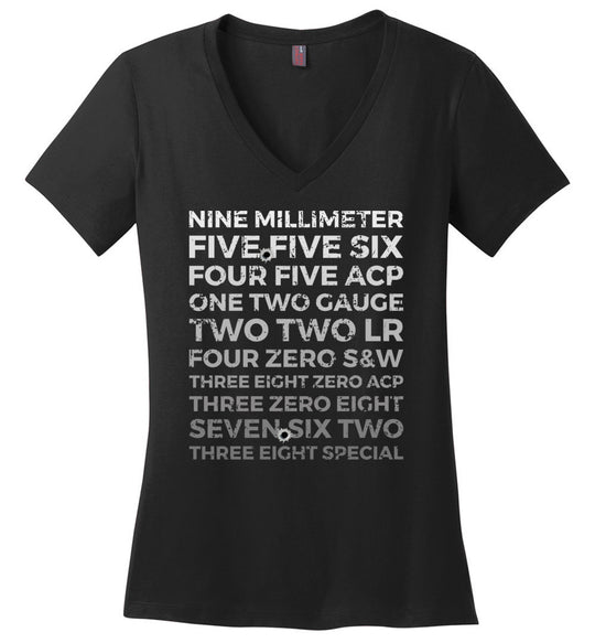 Top 10 Most Popular U.S. Calibers - Ladies Pro Gun V-Neck T-Shirt - Black