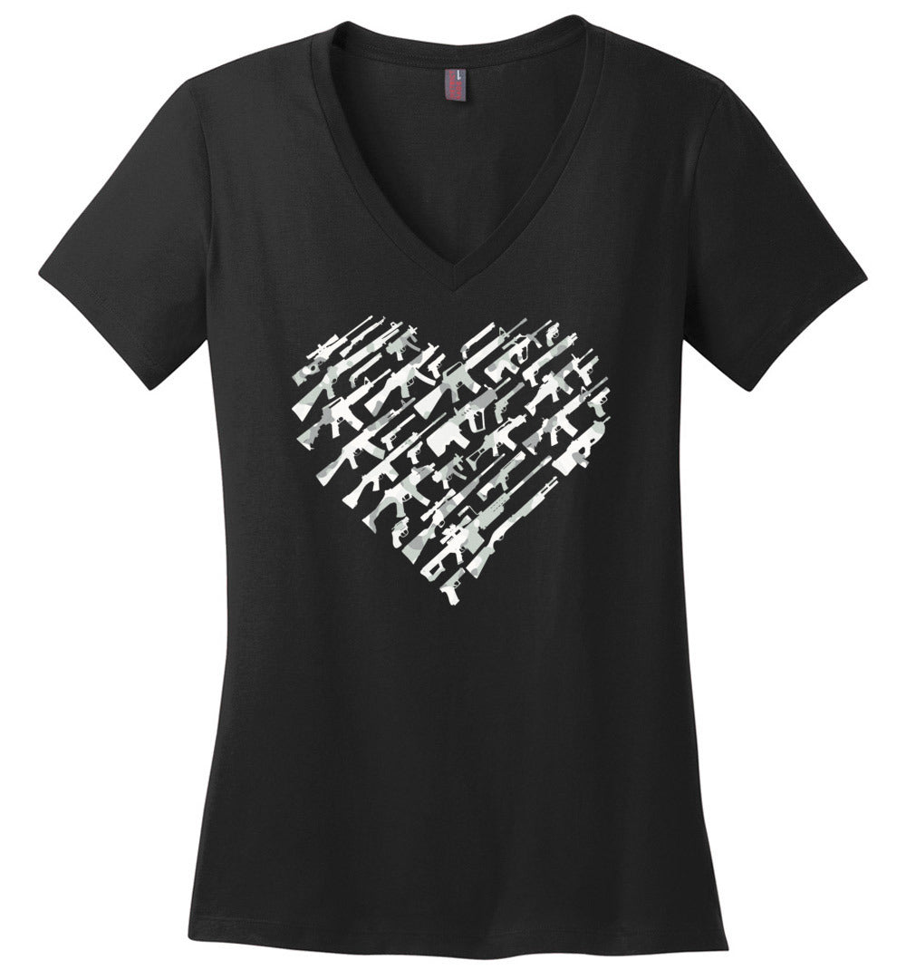 I Love Guns, Heart Made of Guns - Women's V-Neck T Shirt - Black