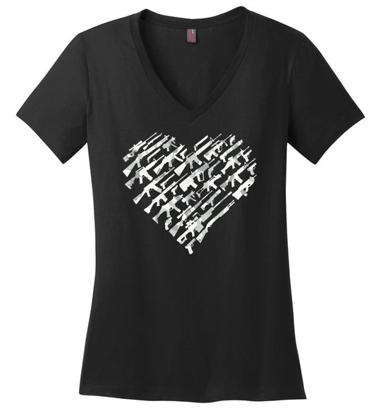 I Love Guns, Heart Made of Guns - Women's V-Neck T Shirt - Black