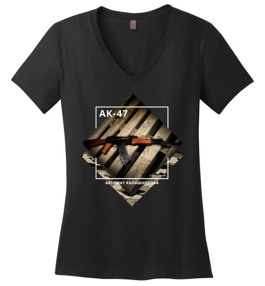 AK-47 Rifle - Tactical Ladies Apparel - Black V-Neck Tee
