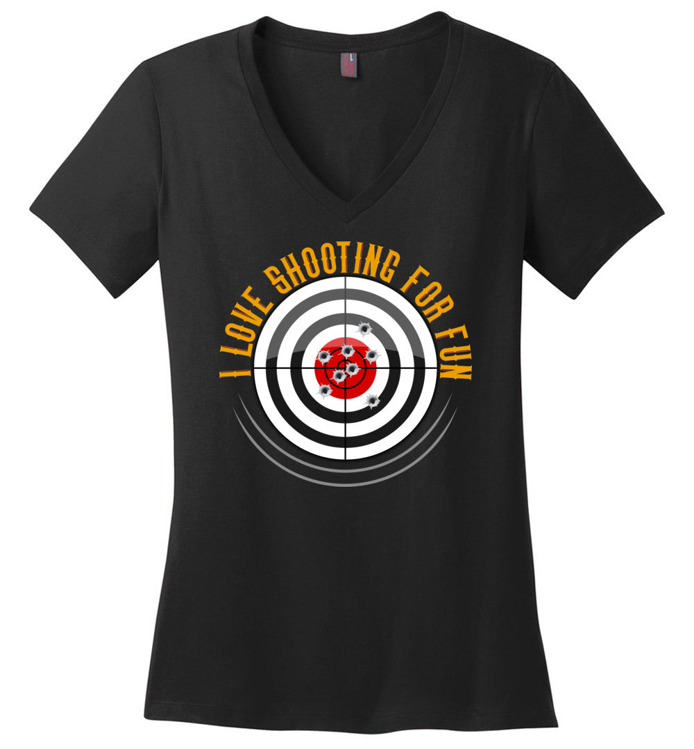 I Love Shooting for Fun - Women's Pro Gun Apparel - Black V-Neck T Shirts