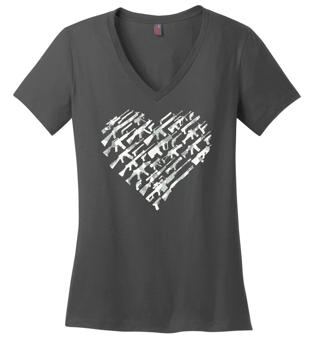 I Love Guns, Heart Made of Guns - Women's V-Neck T Shirt - Dark Grey