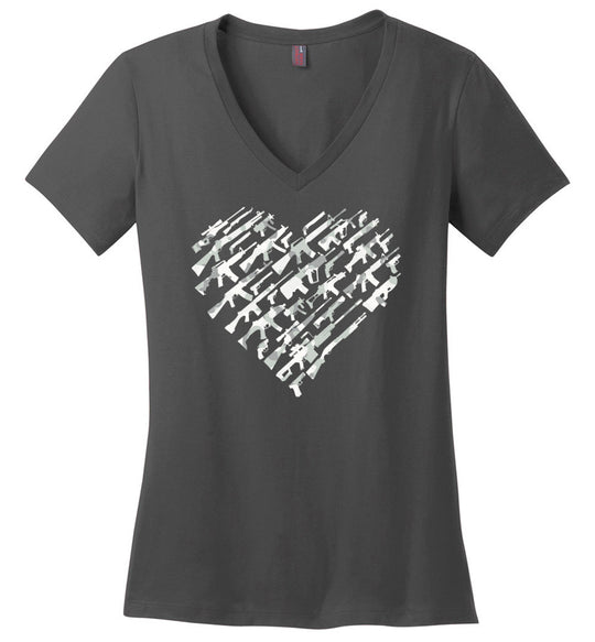 I Love Guns, Heart Made of Guns - Women's V-Neck T Shirt - Dark Grey