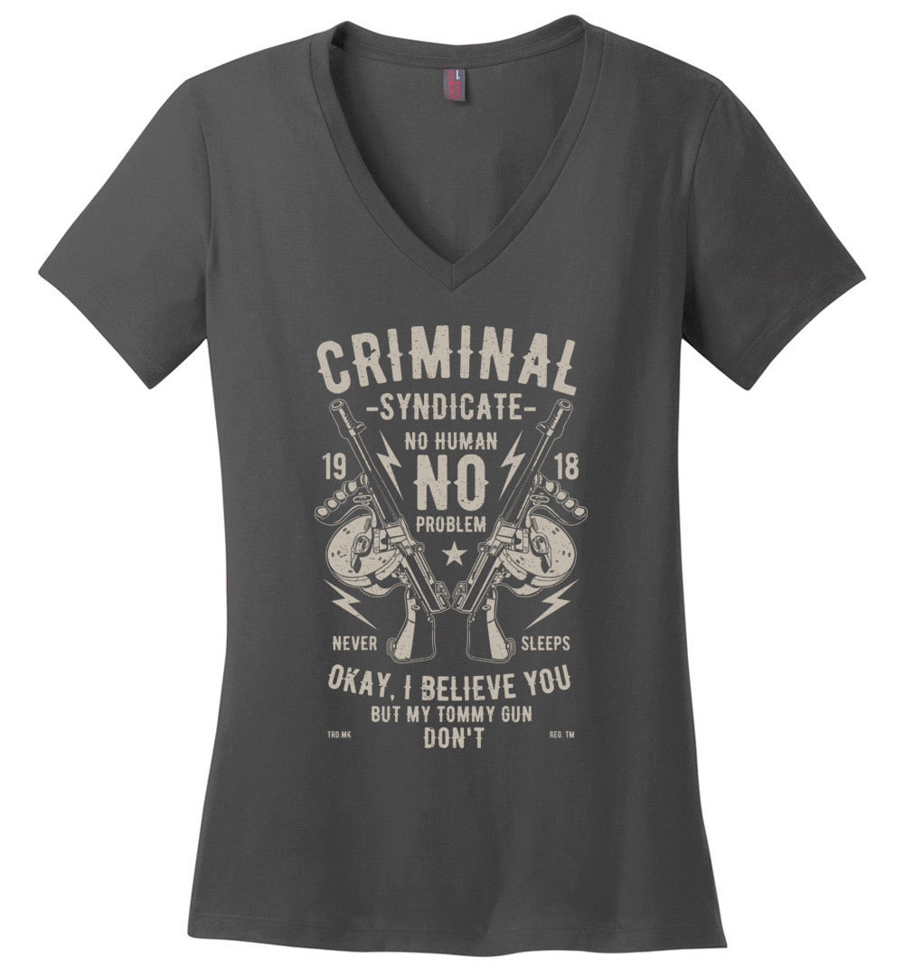 Thompson Submachine Gun Women's Pro Gun V-Neck Tee - Charcoal