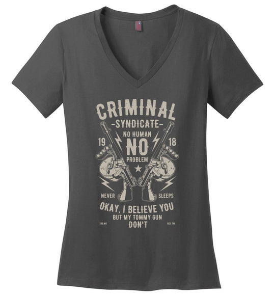 Thompson Submachine Gun Women's Pro Gun V-Neck Tee - Charcoal