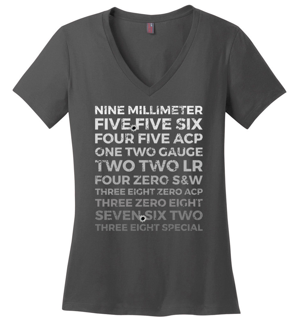 Top 10 Most Popular U.S. Calibers - Ladies Pro Gun V-Neck T-Shirt - Dark Grey