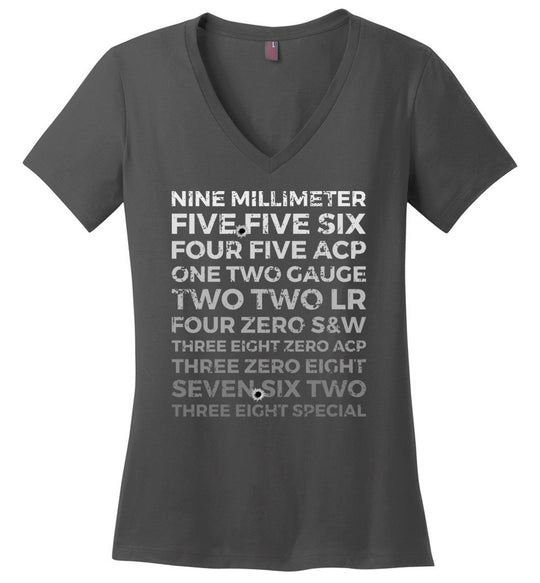 Top 10 Most Popular U.S. Calibers - Ladies Pro Gun V-Neck T-Shirt - Dark Grey