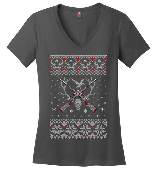 Hunting Ugly Christmas Sweater - Ladies V-Neck Tshirt - Charcoal