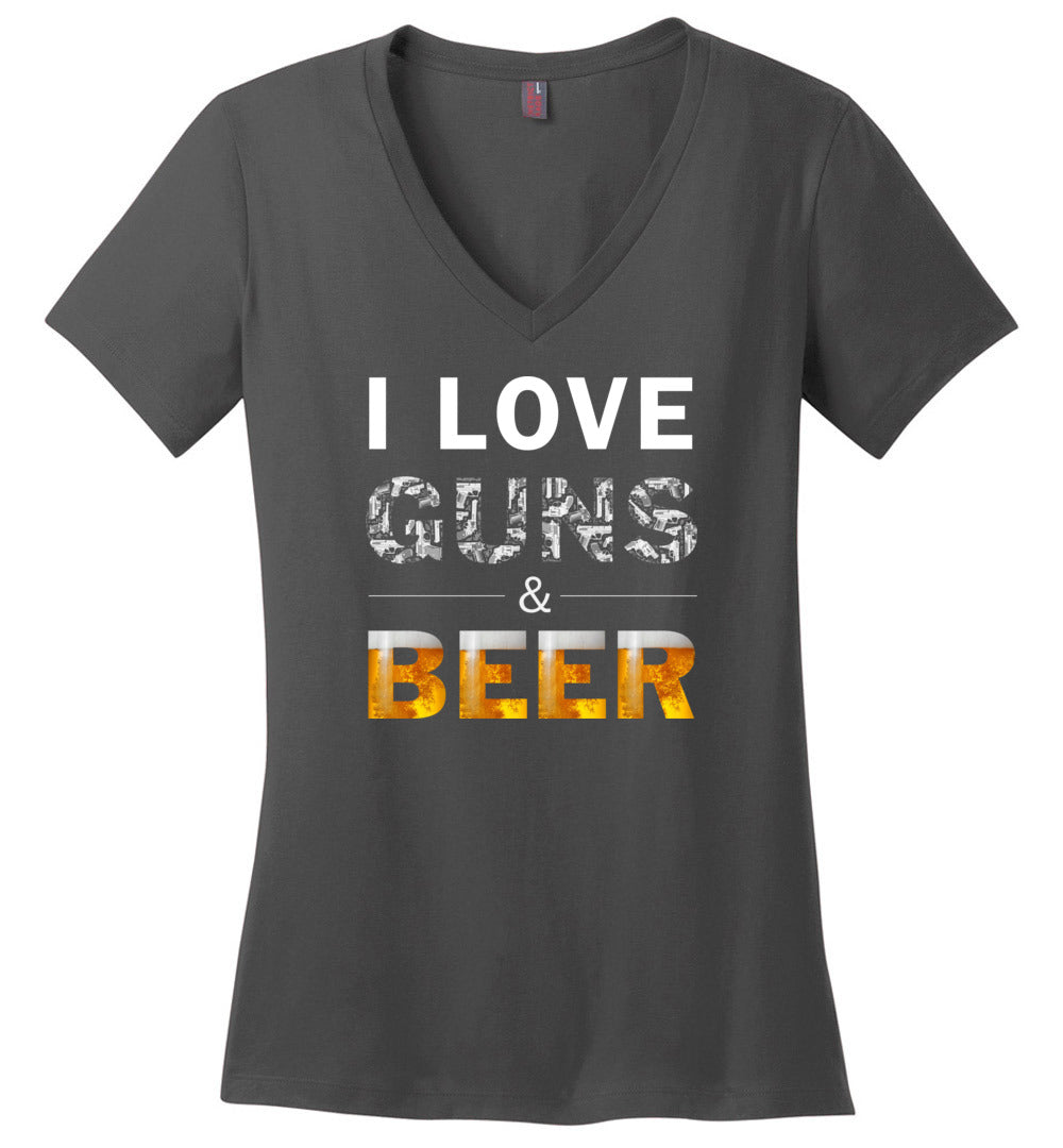 I Love Guns & Beer - Women's Pro Firearms Apparel - Charcoal V-Neck T Shirts