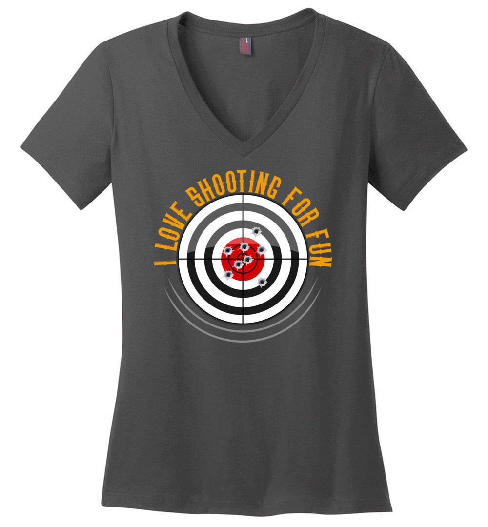 I Love Shooting for Fun - Women's Pro Gun Apparel - Charcoal V-Neck T Shirts