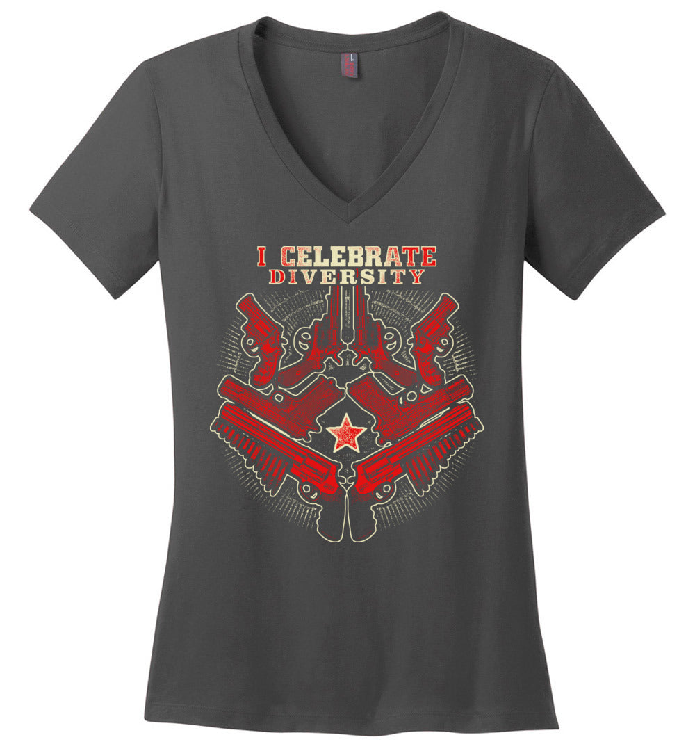 I Celebrate Diversity - Pro Gun Tactical Ladies V-Neck Tee - Charcoal