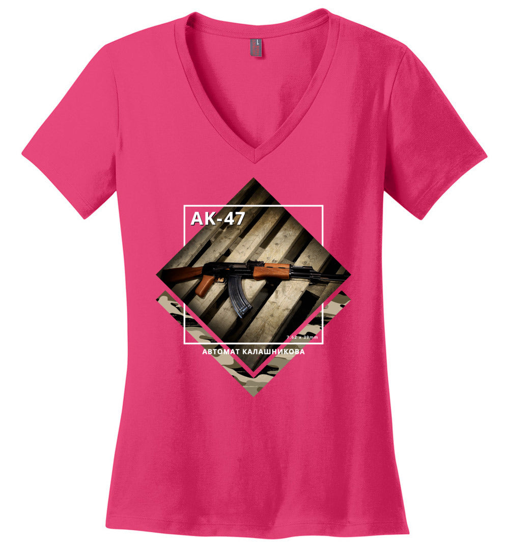 AK-47 Rifle - Tactical Ladies Apparel - Dark Fuchsia V-Neck Tee