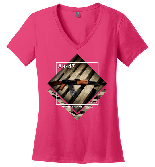 AK-47 Rifle - Tactical Ladies Apparel - Dark Fuchsia V-Neck Tee
