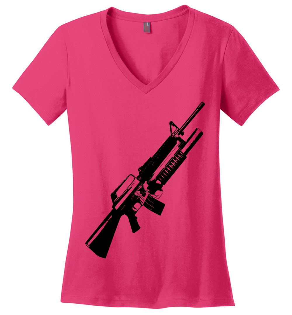 M16A2 Rifles with M203 Grenade Launcher - Pro Gun Tactical Ladies V-Neck Tee - Dark Fuchsia