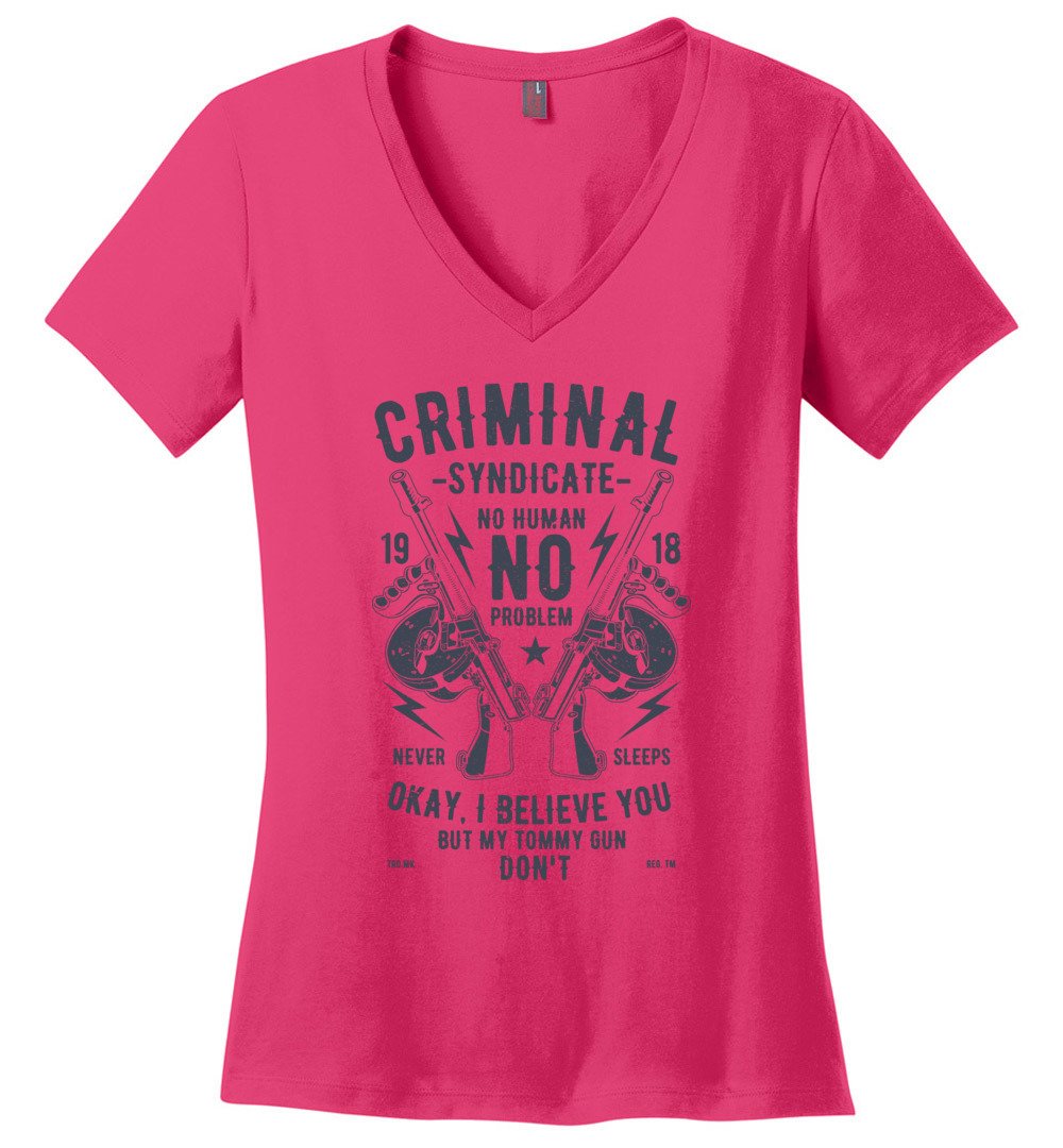 Thompson Submachine Gun Women's Pro Gun V-Neck Tee - Dark Fuchsia