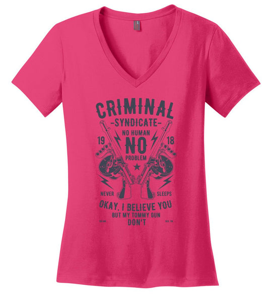 Thompson Submachine Gun Women's Pro Gun V-Neck Tee - Dark Fuchsia