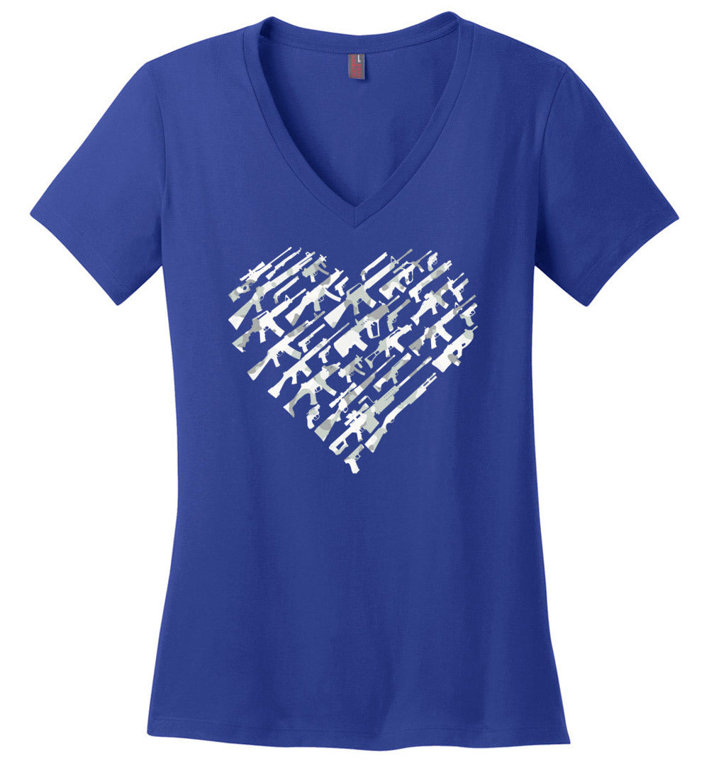 I Love Guns, Heart Made of Guns - Women's V-Neck T Shirt - Blue
