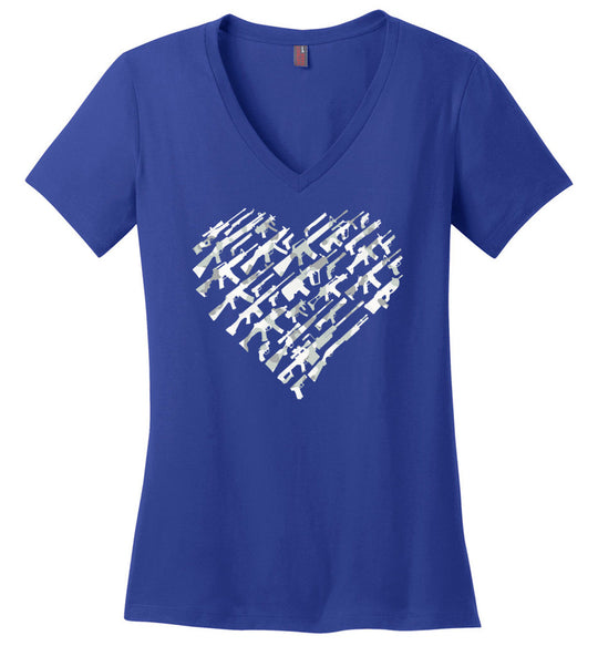 I Love Guns, Heart Made of Guns - Women's V-Neck T Shirt - Blue