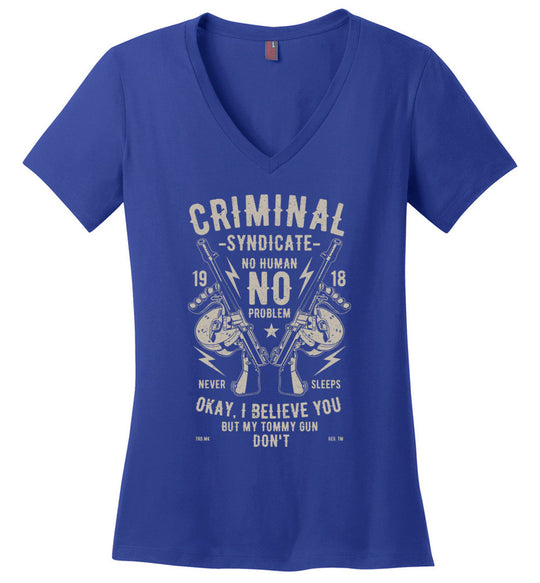 Thompson Submachine Gun Women's Pro Gun V-Neck Tee - Blue