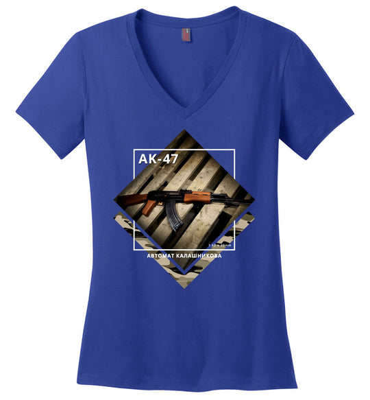 AK-47 Rifle - Tactical Ladies Apparel - Blue V-Neck Tee