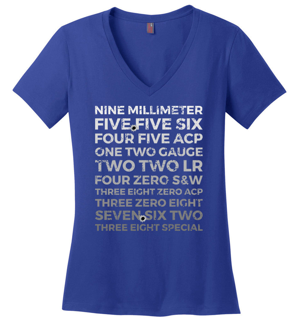 Top 10 Most Popular U.S. Calibers - Ladies Pro Gun V-Neck T-Shirt - Blue