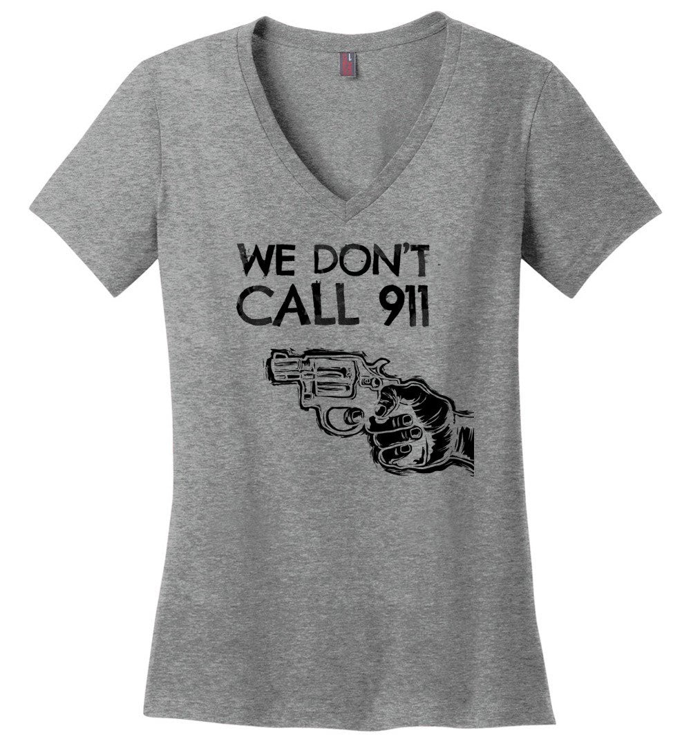 We Don't Call 911 - Ladies Pro Gun Shooting V-Neck T-shirt - Heathered Nickel