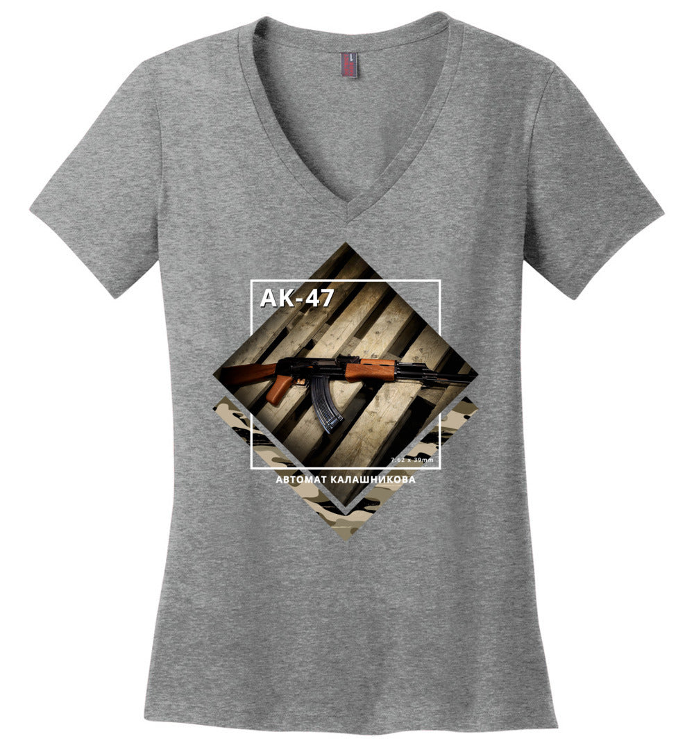 AK-47 Rifle - Tactical Ladies Apparel - Heathered Nickel V-Neck Tee