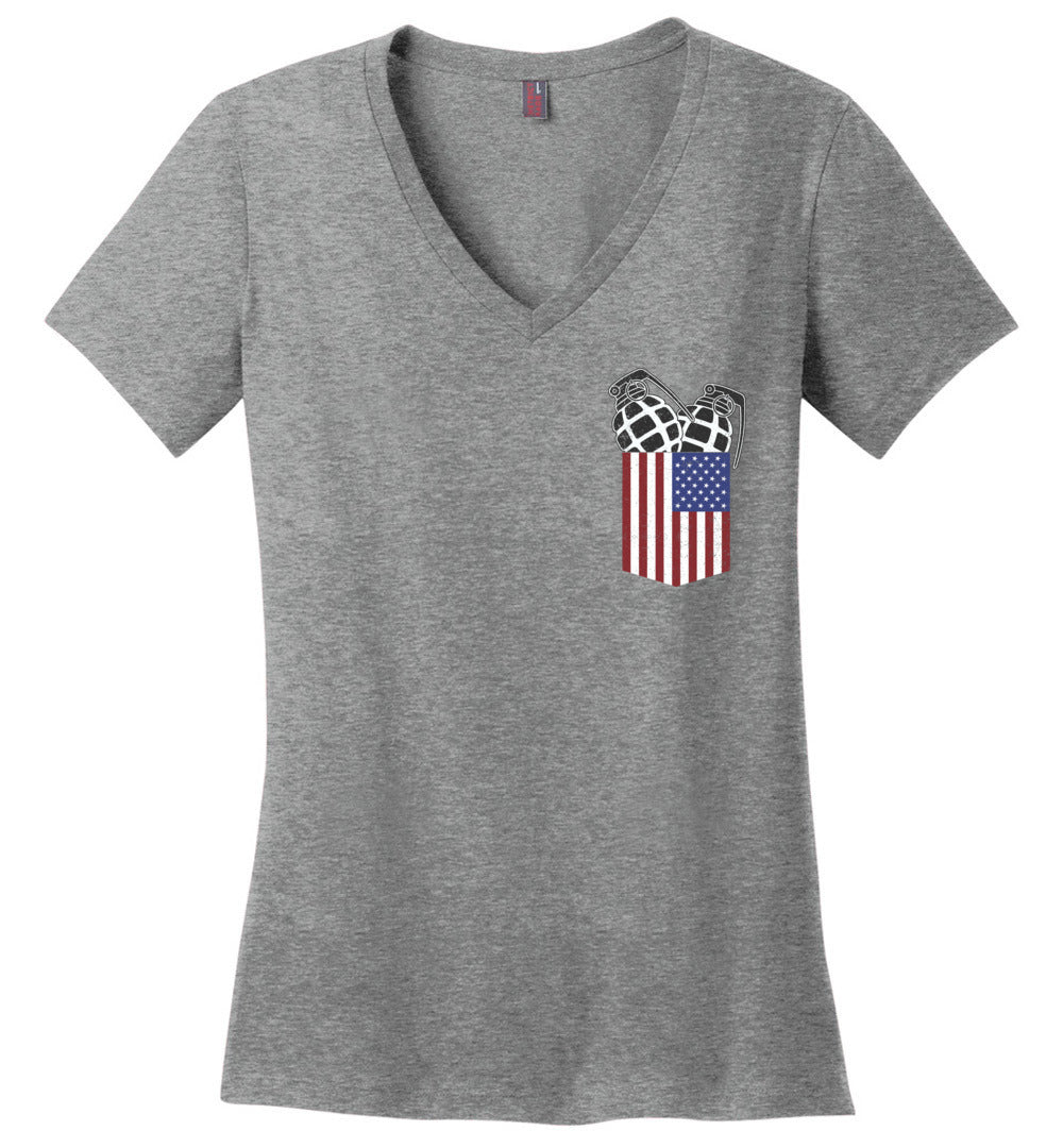 Pocket With Grenades Ladies 2nd Amendment V-Neck T-Shirt - Heathered Nickel