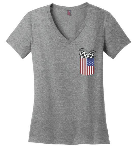 Pocket With Grenades Ladies 2nd Amendment V-Neck T-Shirt - Heathered Nickel