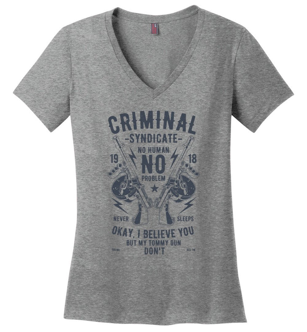 Thompson Submachine Gun Women's Pro Gun V-Neck Tee - Heathered Nickel