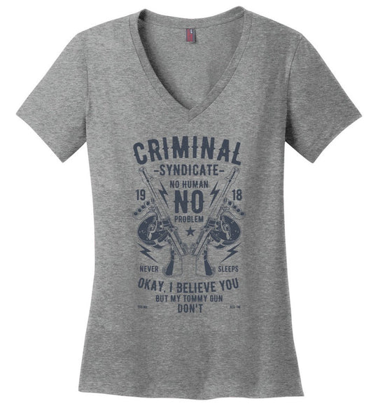 Thompson Submachine Gun Women's Pro Gun V-Neck Tee - Heathered Nickel