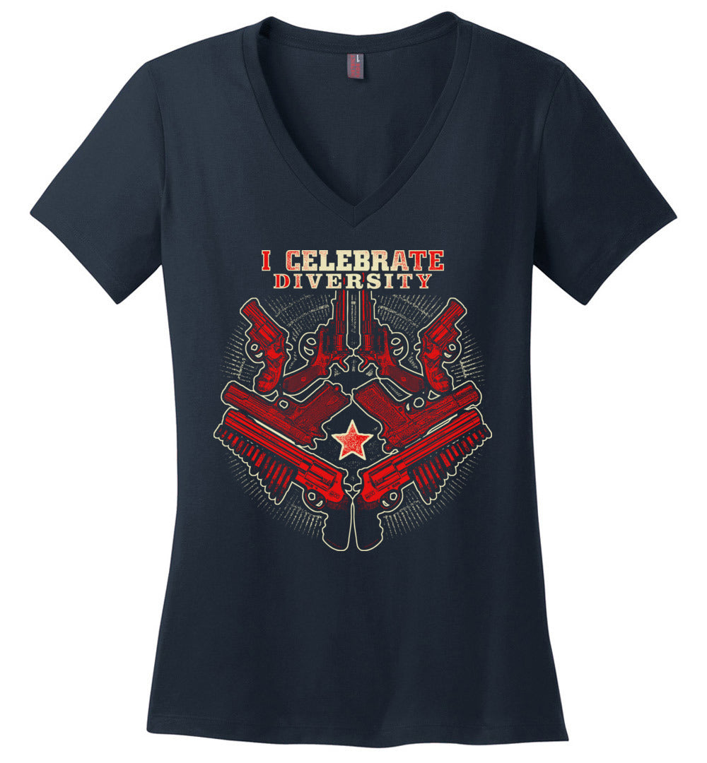 I Celebrate Diversity - Pro Gun Tactical Ladies V-Neck Tee - Navy