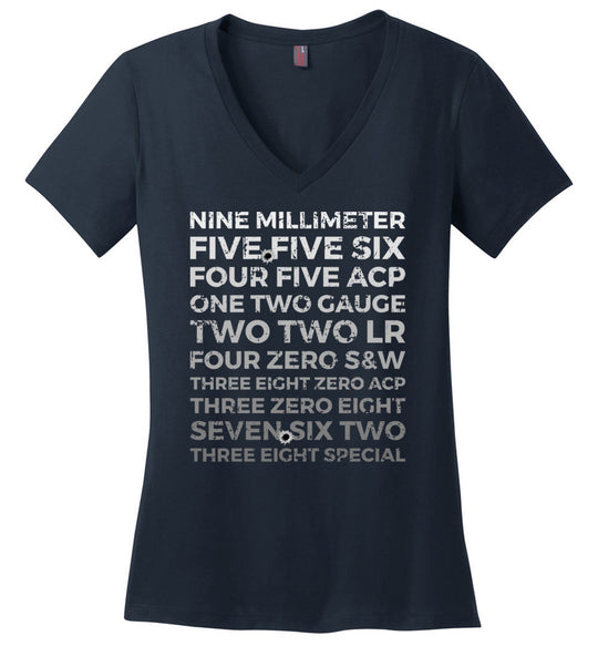 Top 10 Most Popular U.S. Calibers - Ladies Pro Gun V-Neck T-Shirt - Navy