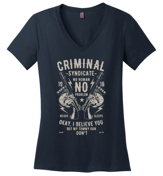 Thompson Submachine Gun Women's Pro Gun V-Neck Tee - Navy
