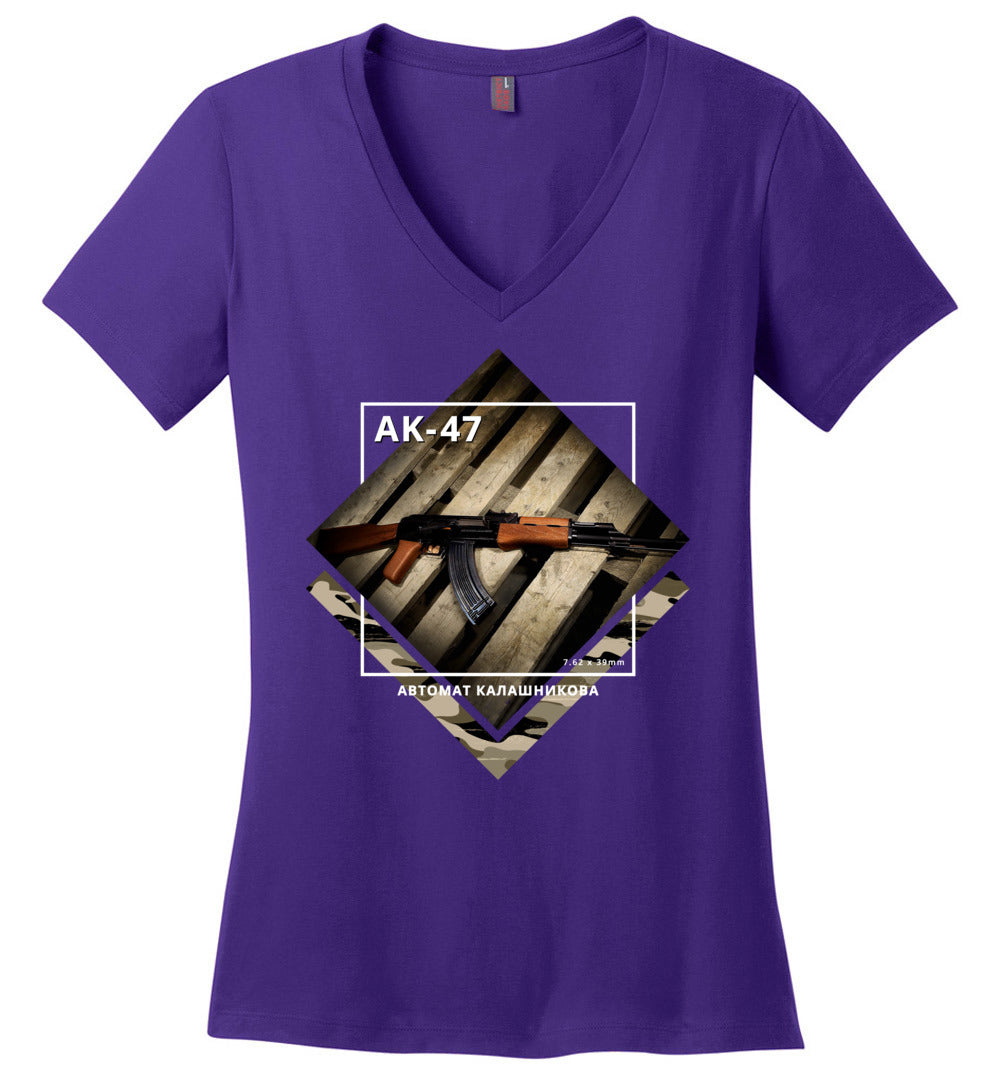AK-47 Rifle - Tactical Ladies Apparel - Purple V-Neck Tee
