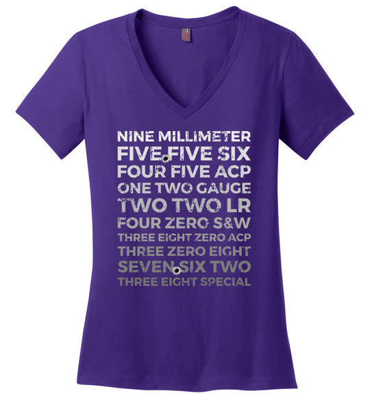 Top 10 Most Popular U.S. Calibers - Ladies Pro Gun V-Neck T-Shirt - Purple