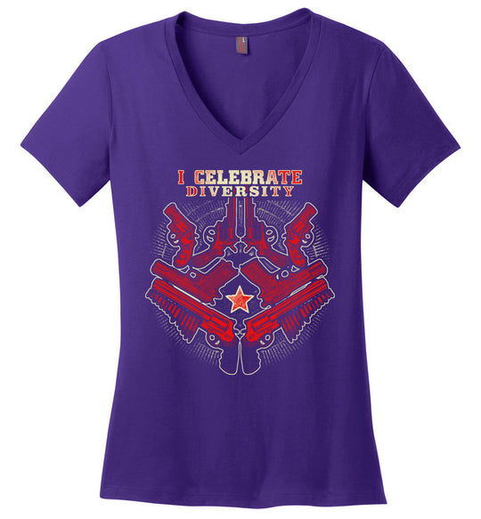 I Celebrate Diversity - Pro Gun Tactical Ladies V-Neck Tee - Purple