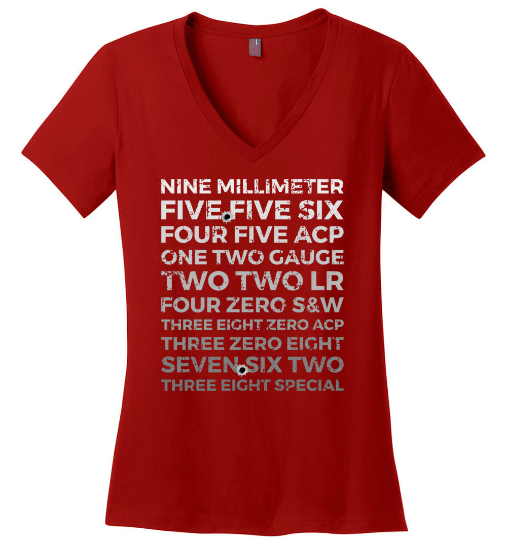 Top 10 Most Popular U.S. Calibers - Ladies Pro Gun V-Neck T-Shirt - Red