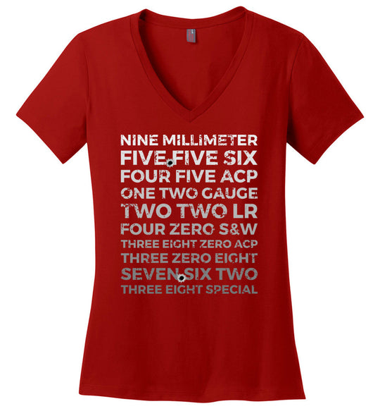 Top 10 Most Popular U.S. Calibers - Ladies Pro Gun V-Neck T-Shirt - Red