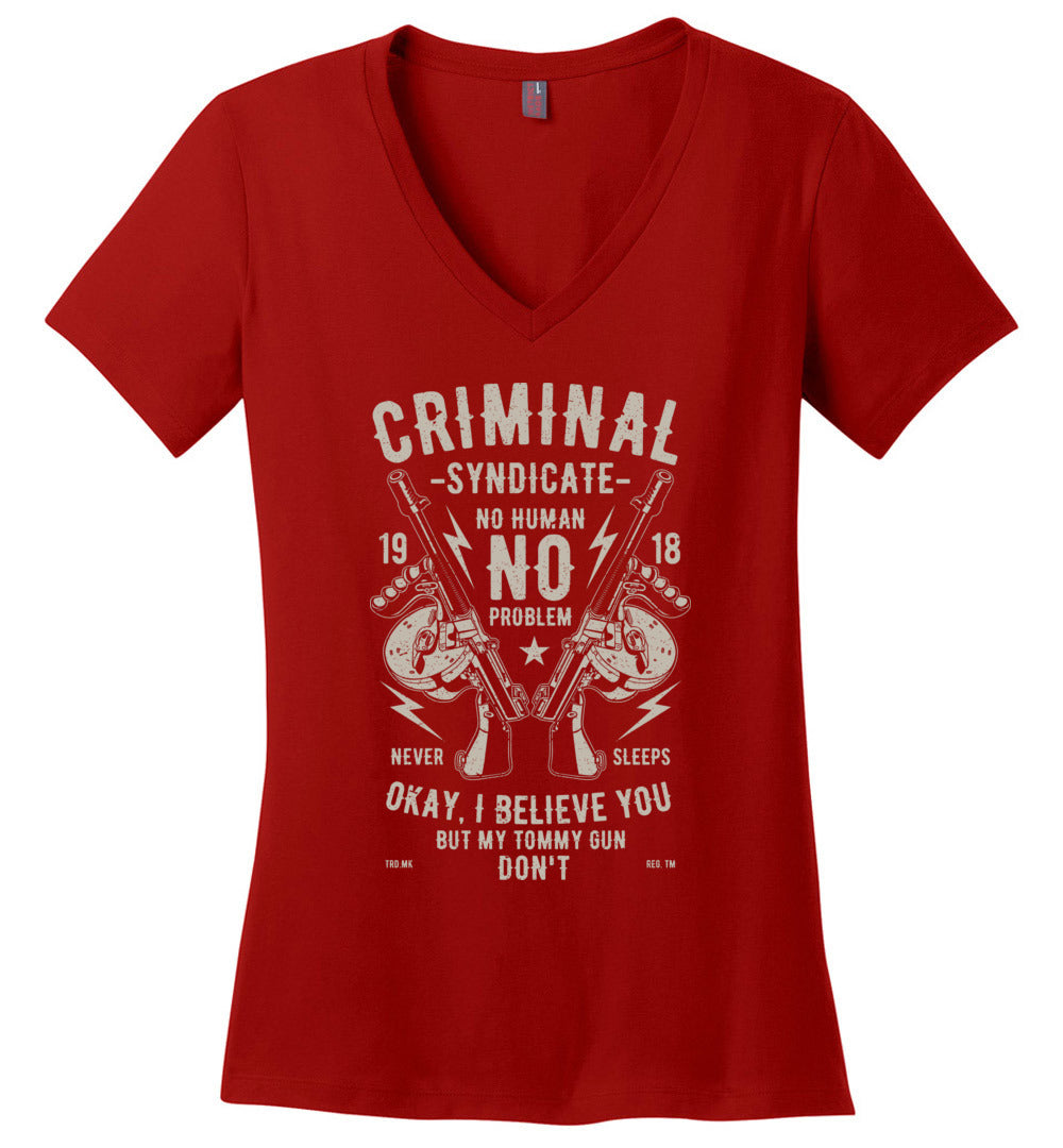 Thompson Submachine Gun Women's Pro Gun V-Neck Tee - Red
