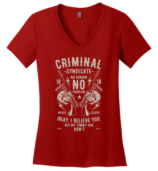 Thompson Submachine Gun Women's Pro Gun V-Neck Tee - Red