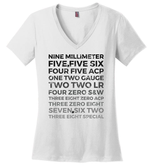 Top 10 Most Popular U.S. Calibers - Ladies Pro Gun V-Neck T-Shirt - White
